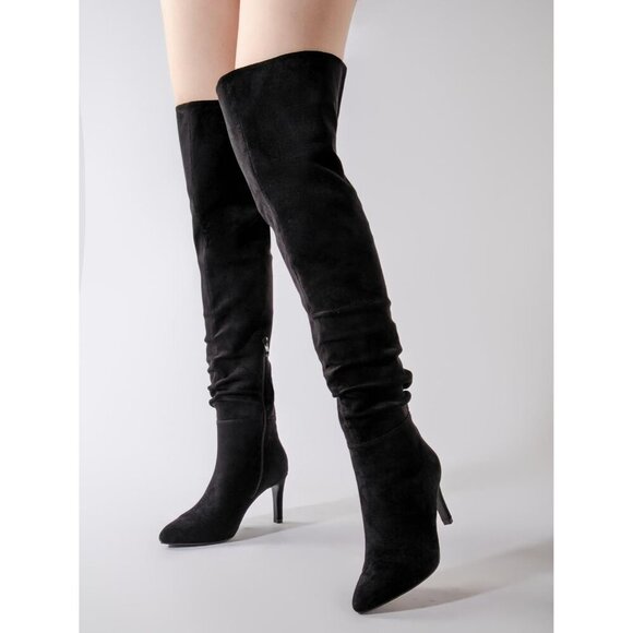 Women Suede Black Thigh High Over The Knee Stiletto Heel Pointed Toe Long Boot - Picture 4 of 7